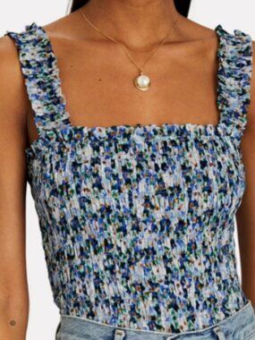 Veronica Beard Blue Multi Smocked Square-Neck Tank